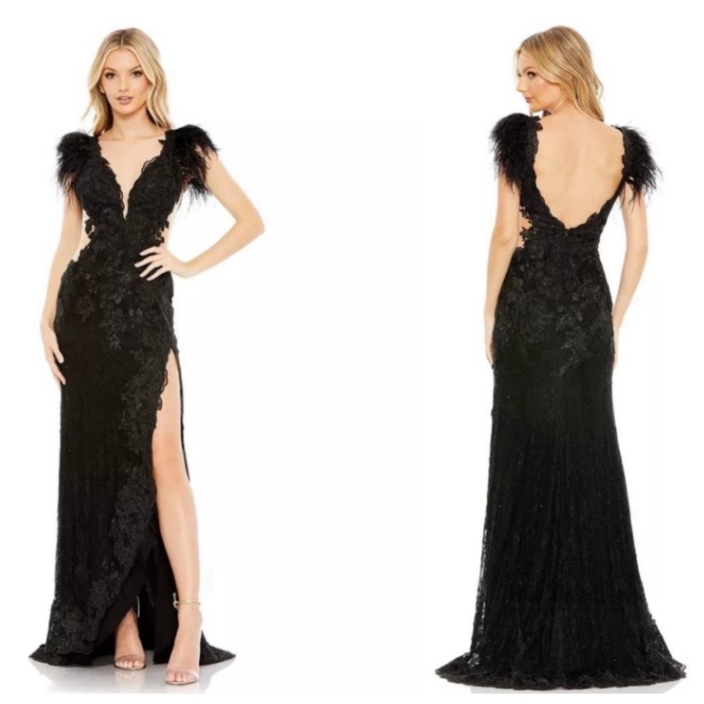 Mac Duggal Black Lace Maxi Gown with Feathered Shoulders